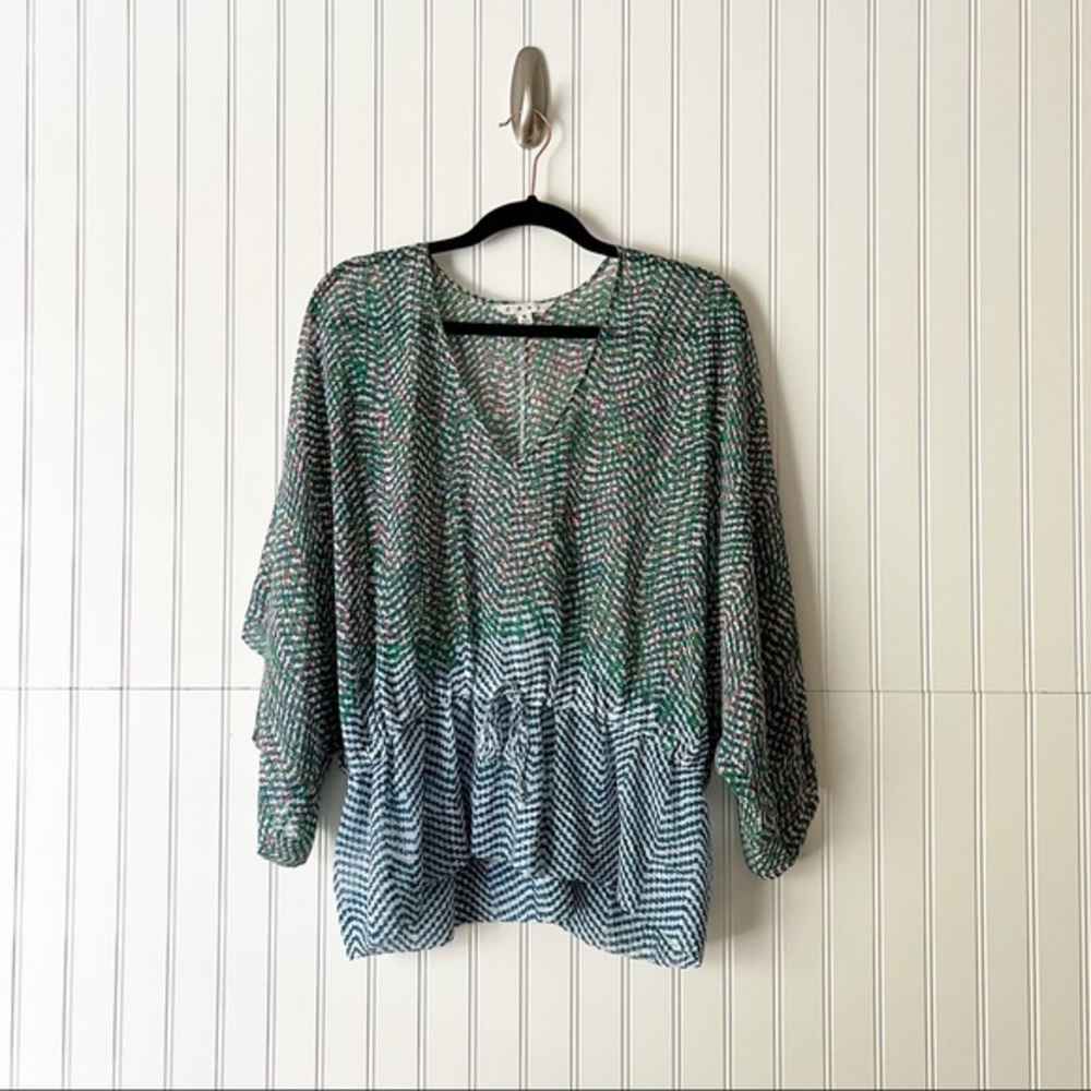 CAbi Womens Size Small Peplum Blouse Blue Tie Waist Kimono Sleeve Sheer 731